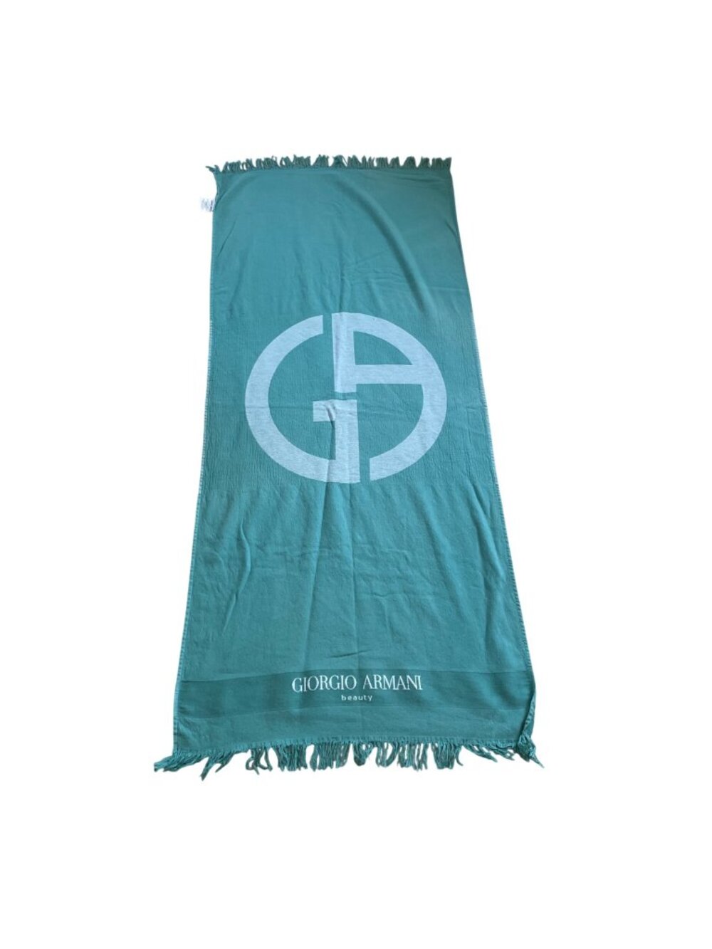 Giorgio Armani Green Cotton Beach Towel With Logo Design & Fringe Hem
